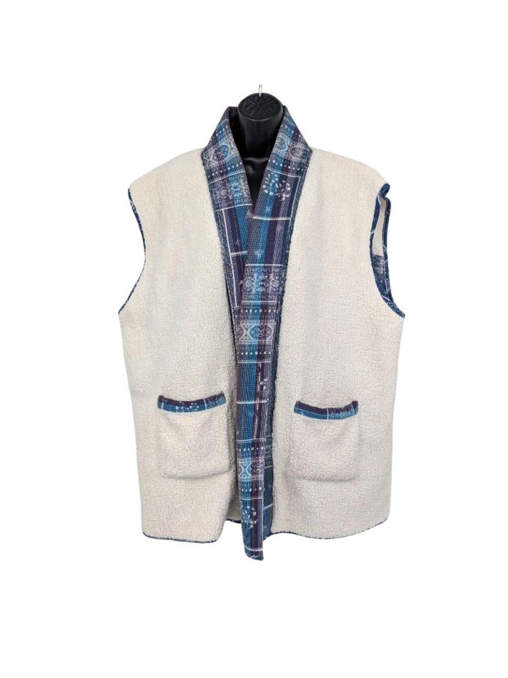 Lucky Brand Sherpa Patchwork‎ Vest Cozy Boho Western Fleece Artsy Cowgirl XLarge